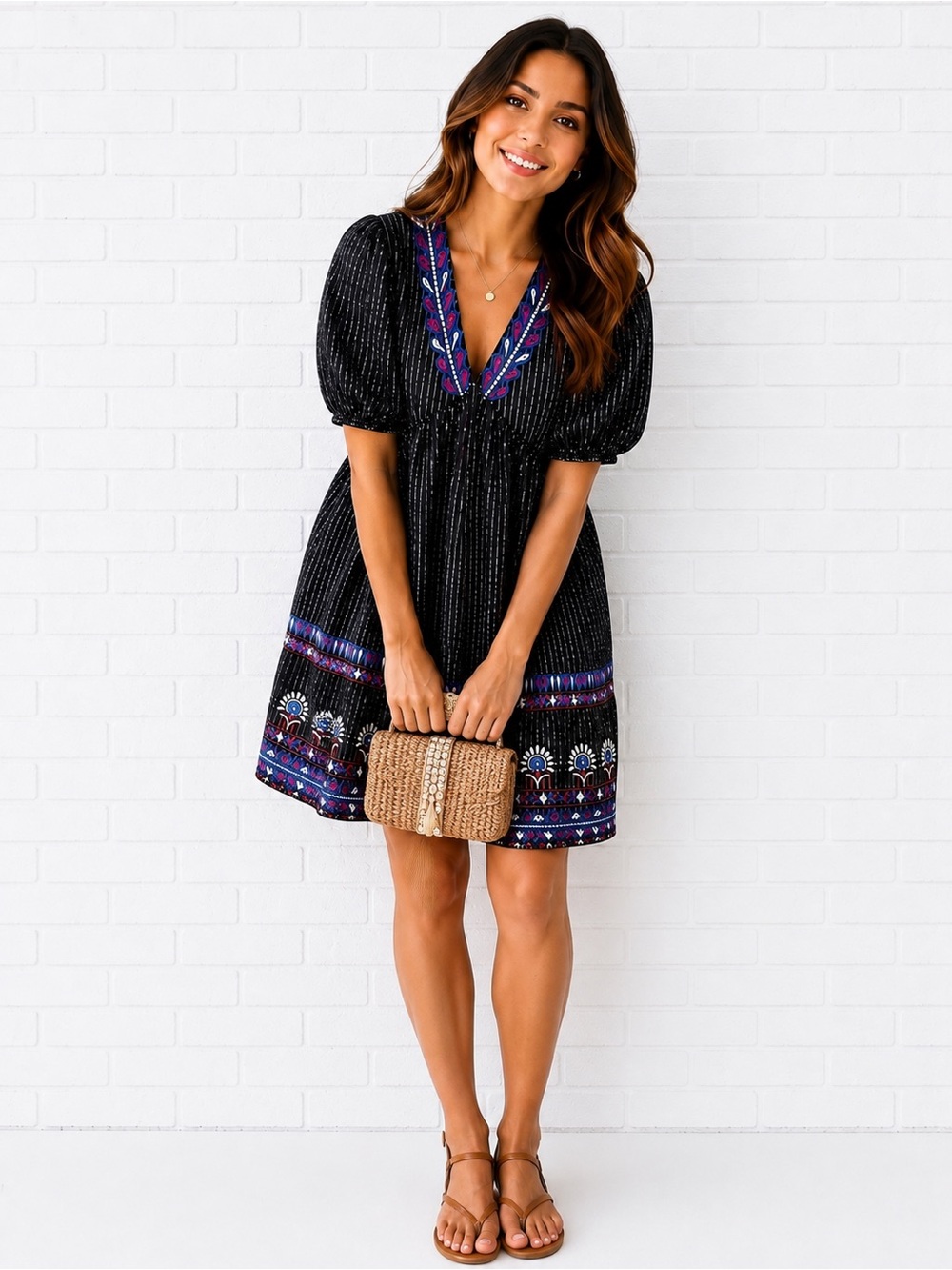 New Bombay Paisley Black Metallic Stripe Embroidered Boho Dress 39โlength